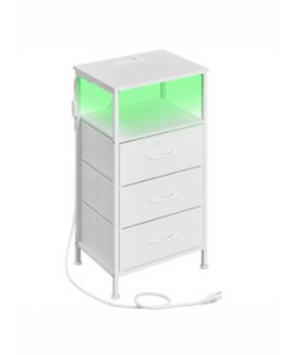 Bedroom Bedside Table with LED Lights and Charging Station, Nightstand with 3 Drawers and 1 Shelf