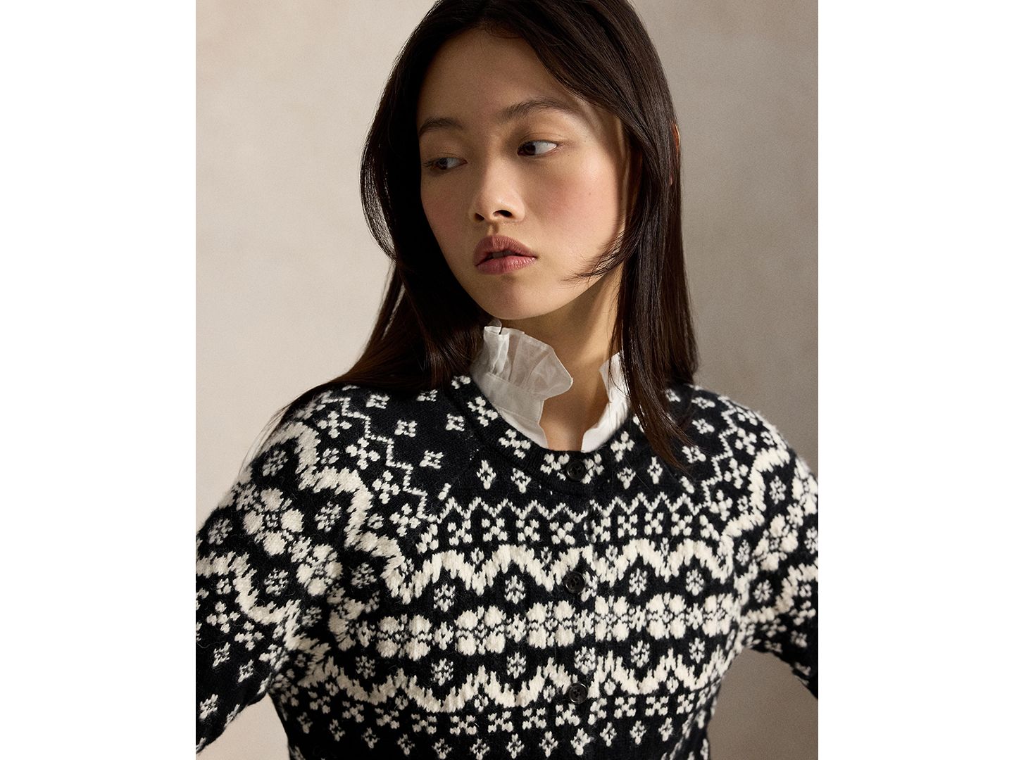 Женский кардиган Polo Ralph Lauren Fair Isle Crewneck Cropped Wool-Cotton Blend, цвет: Чёрный / Кремовый — фото 4