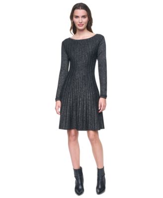 Petite Long-Sleeve Ribbed Fit-and-Flare Sweater Dress