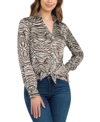 Juniors' Tie-Front Long-Sleeve Stretch Satin Blouse