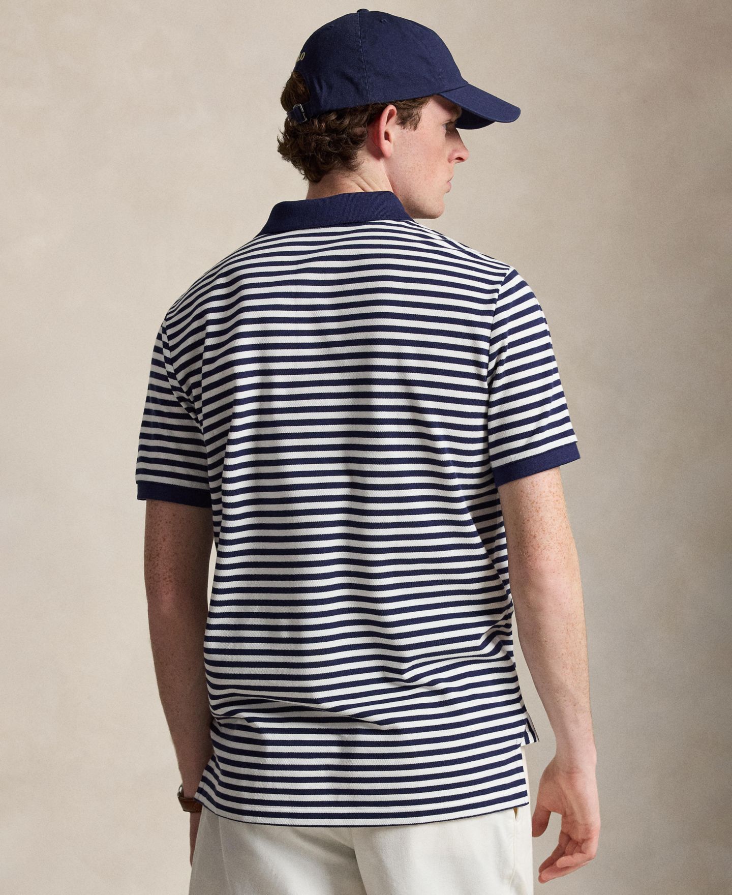 Мужская сетчатая рубашка-поло Polo Ralph Lauren классического кроя в полоску, цвет: Тёмно-синий / Белый — фото 4