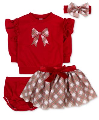 Baby Girls' Plaid Bow Long-Sleeve Sweatshirt and Skirt, 4-Piece Set