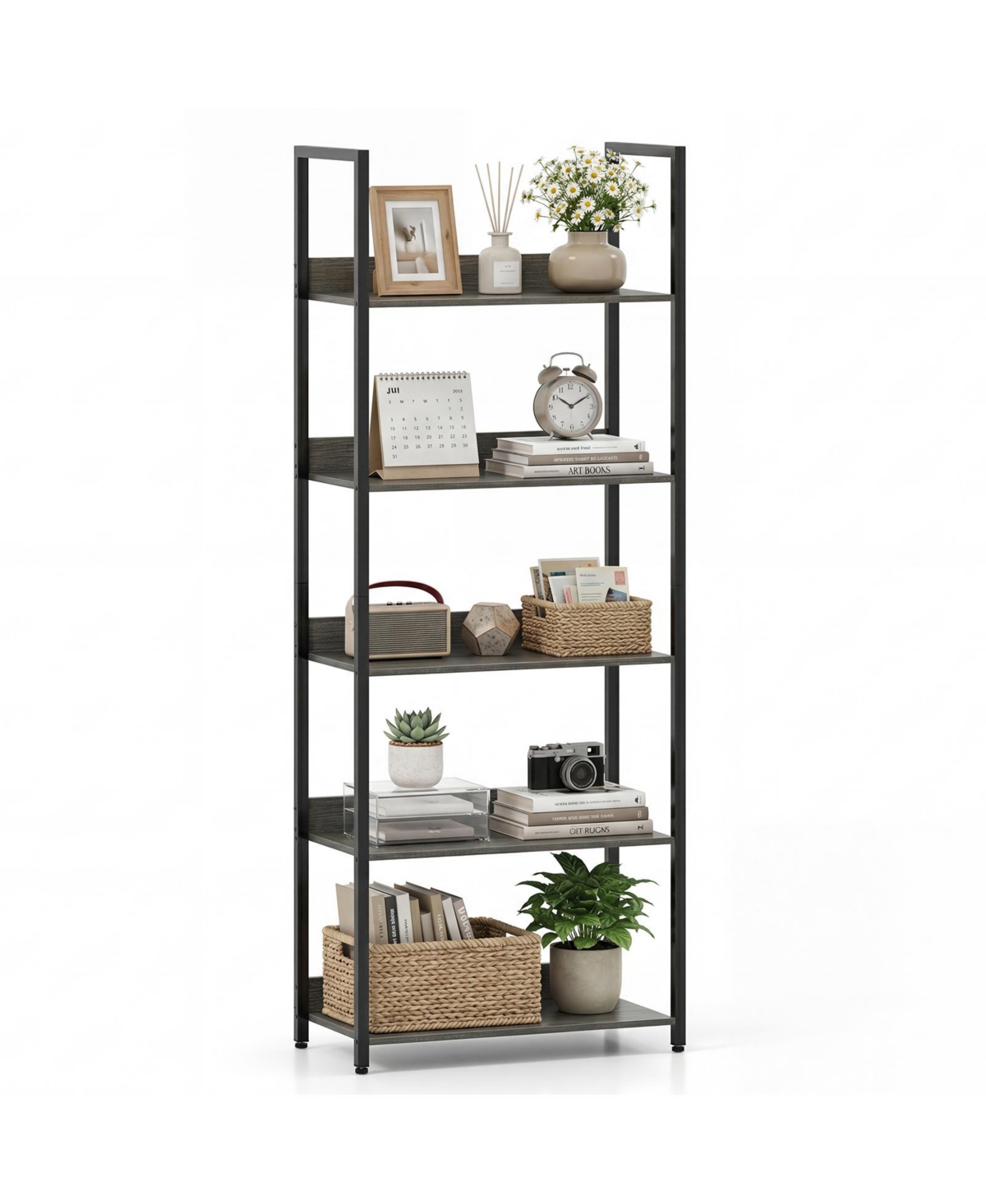 Costway 5-Tier Bookshelf Tall Wooden Open Bookcase with Back Panels and Metal Frame - Black