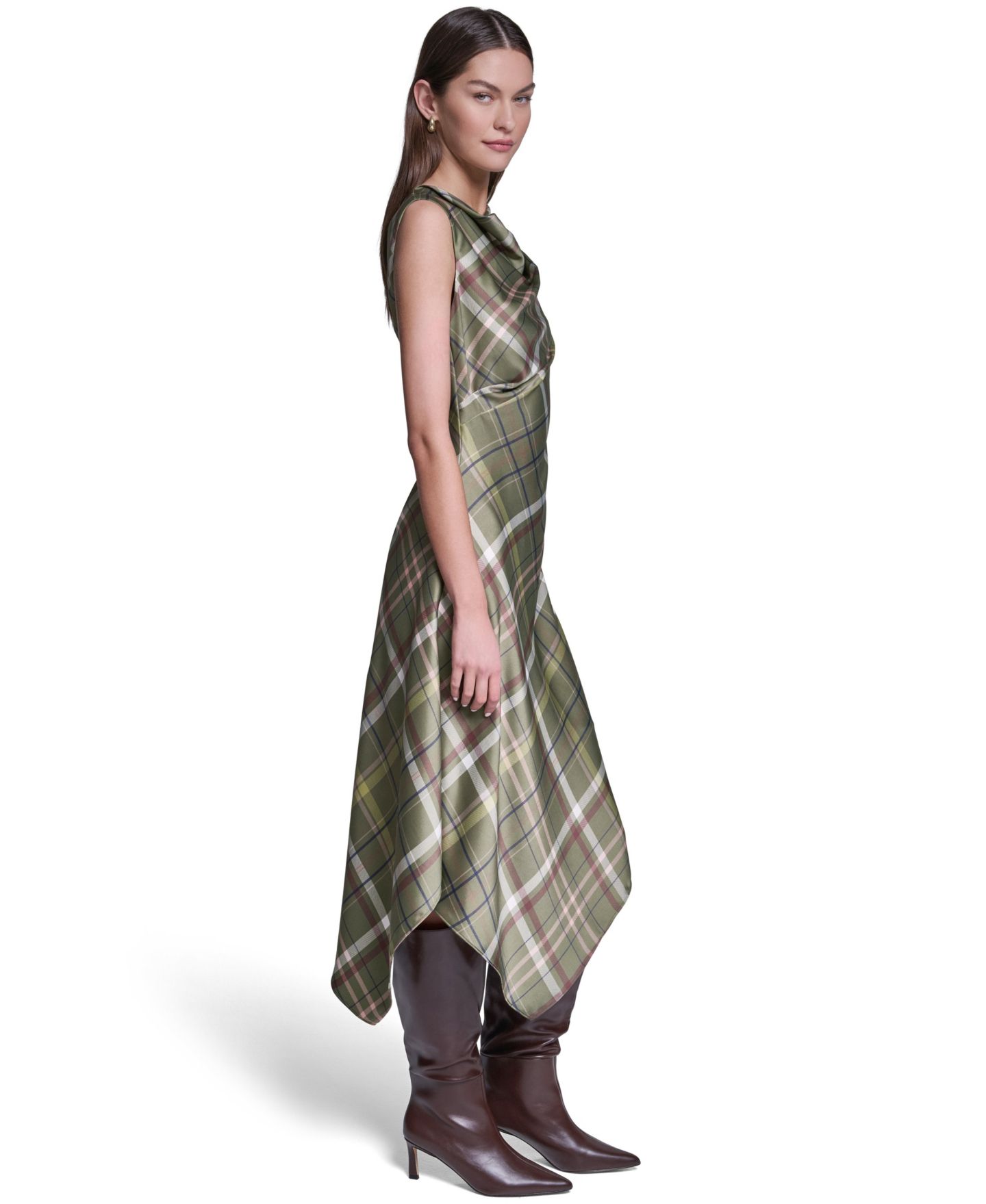 Женское платье Halston Cowl Neck Plaid Asymmetrical Midi, цвет: Pesto — фото 2