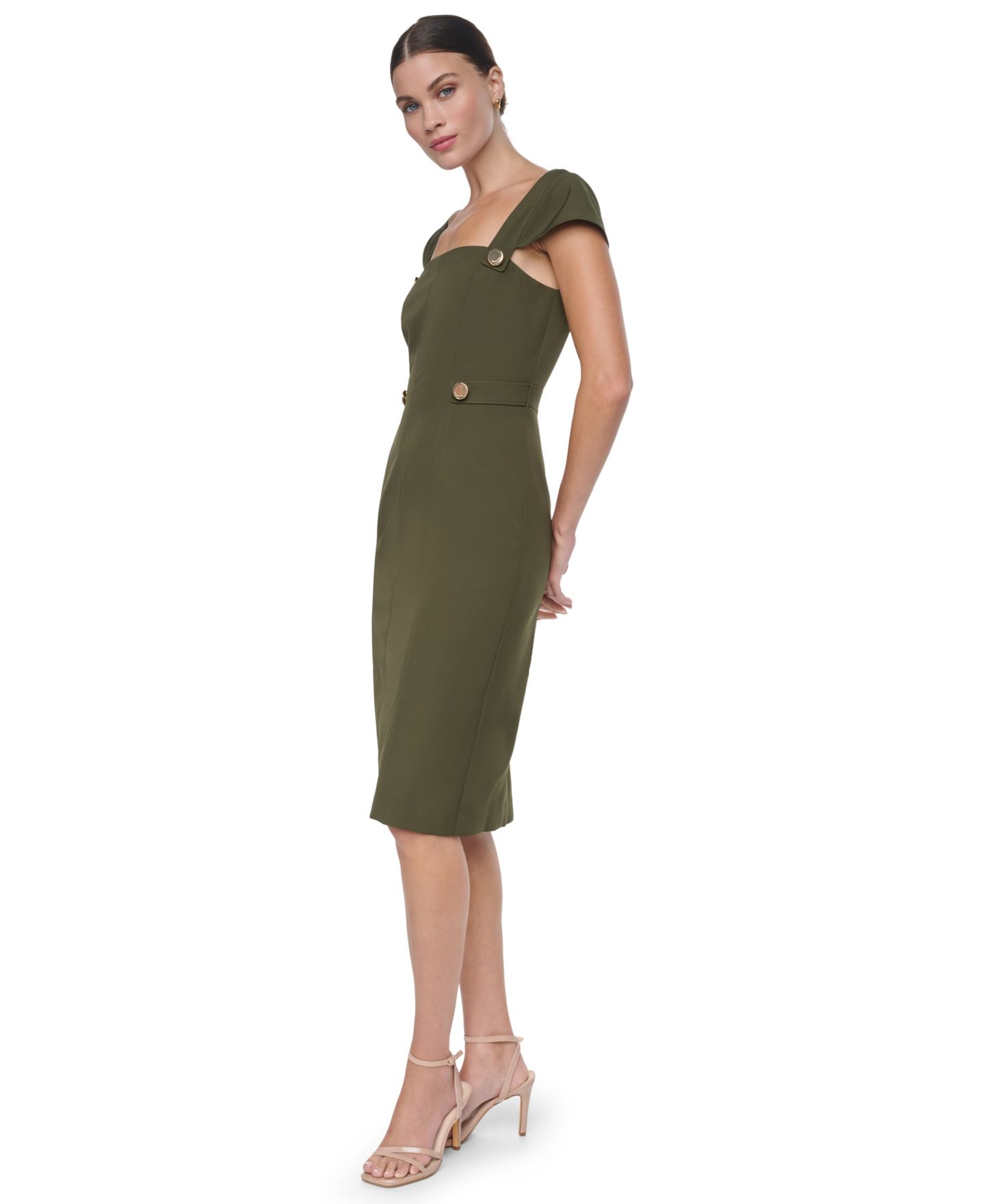 Женское платье Halston Cap-Sleeve Square-Neck Crepe Midi, цвет: Оливковый — фото 2