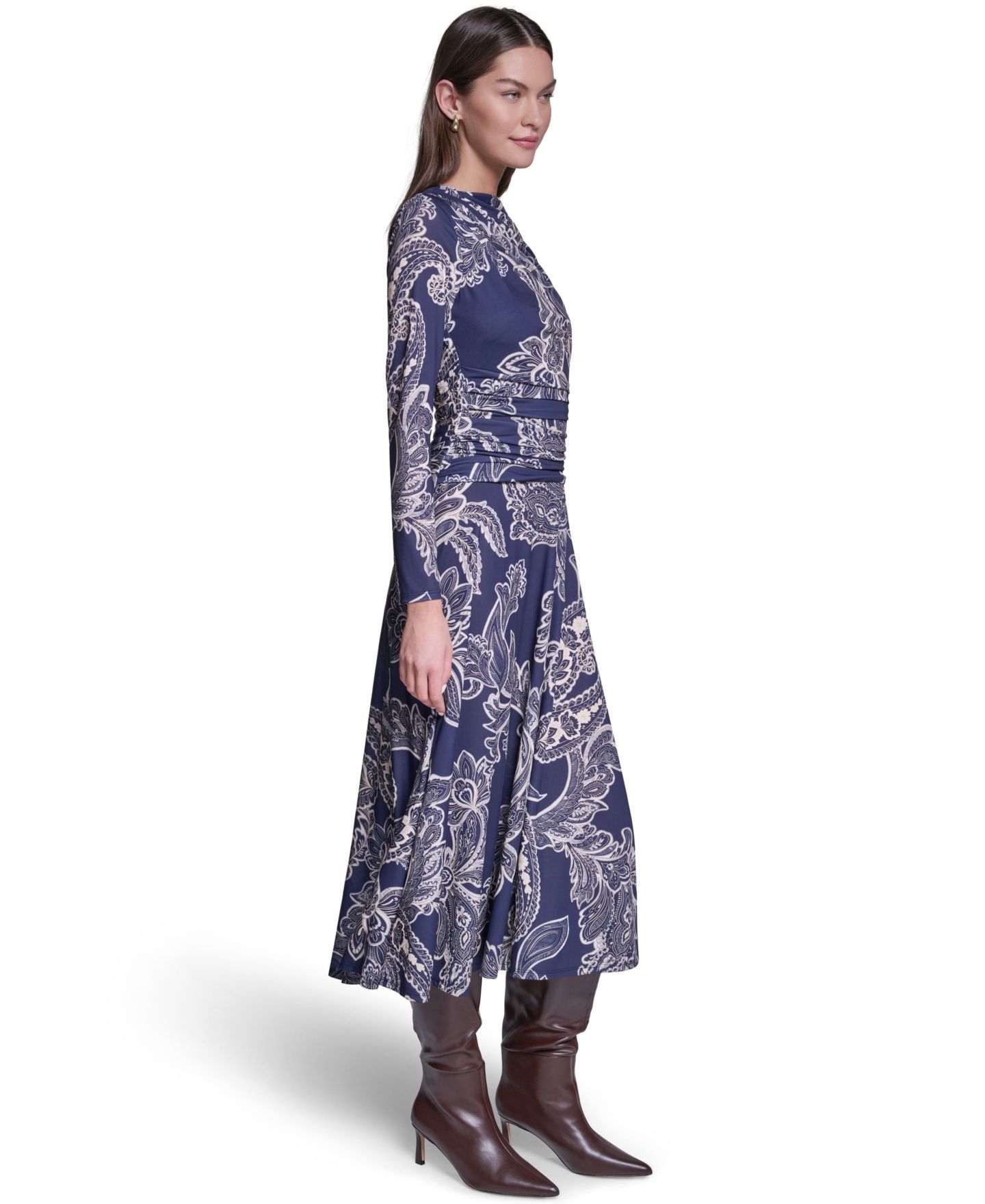 Женское платье Halston Long-Sleeve Paisley-Print A-Line Midi, цвет: Тёмно-синий разноцветный — фото 2