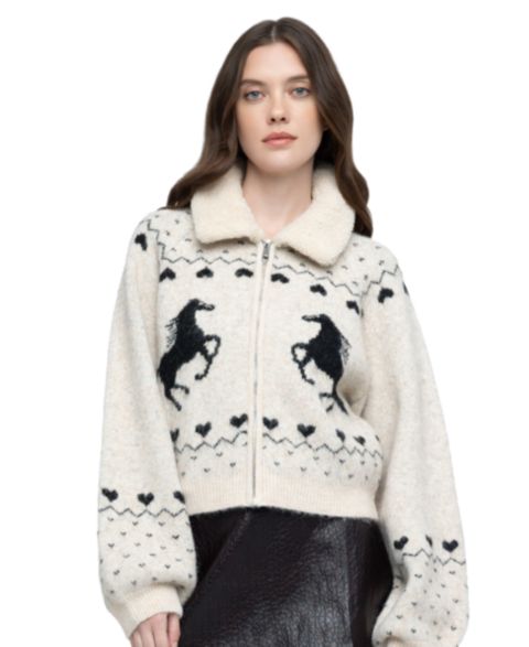 Женский кардиган Blank NYC Flying Solo Fair Isle Full-Zip Faux-Fur Collar, цвет: Кремовый комбинированный