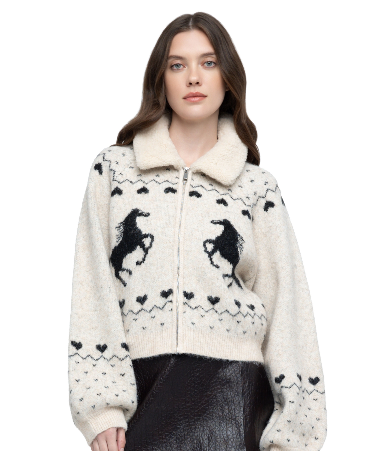 Blank Nyc Women's Flying Solo Fair Isle Full-Zip Faux-Fur Collar Cardigan - Cream Combo