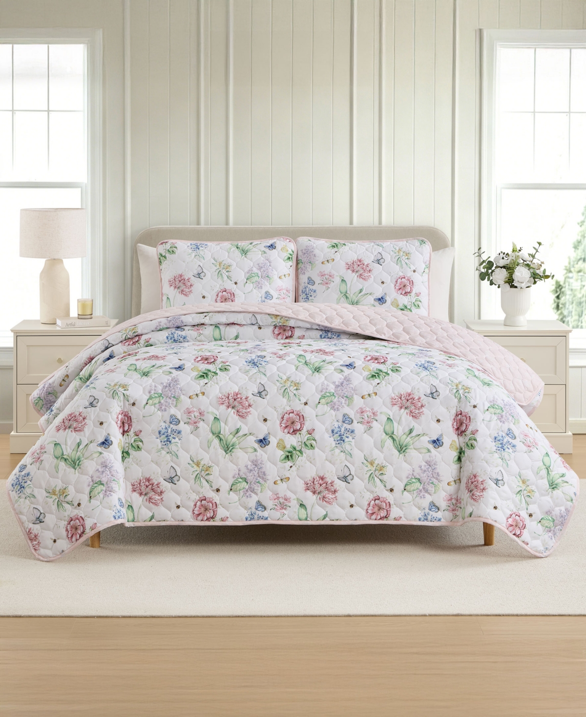 Lenox Butterfly Meadow Reversible 3-piece Quilt Set, Full/queen In Pink
