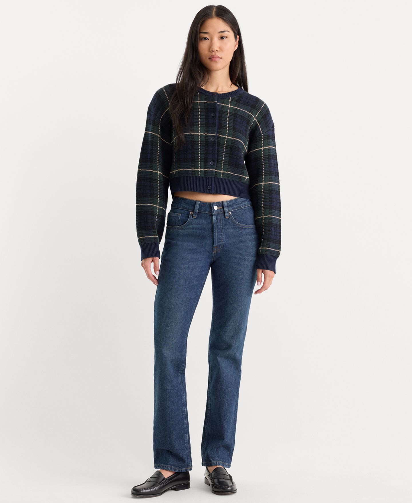 Женский кардиган Good American Cropped Plaid Cardigan, цвет: Тёмно-зелёный клетчатый — фото 2