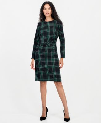 Women's Long-Sleeve Scoop Neck Plaid Dress