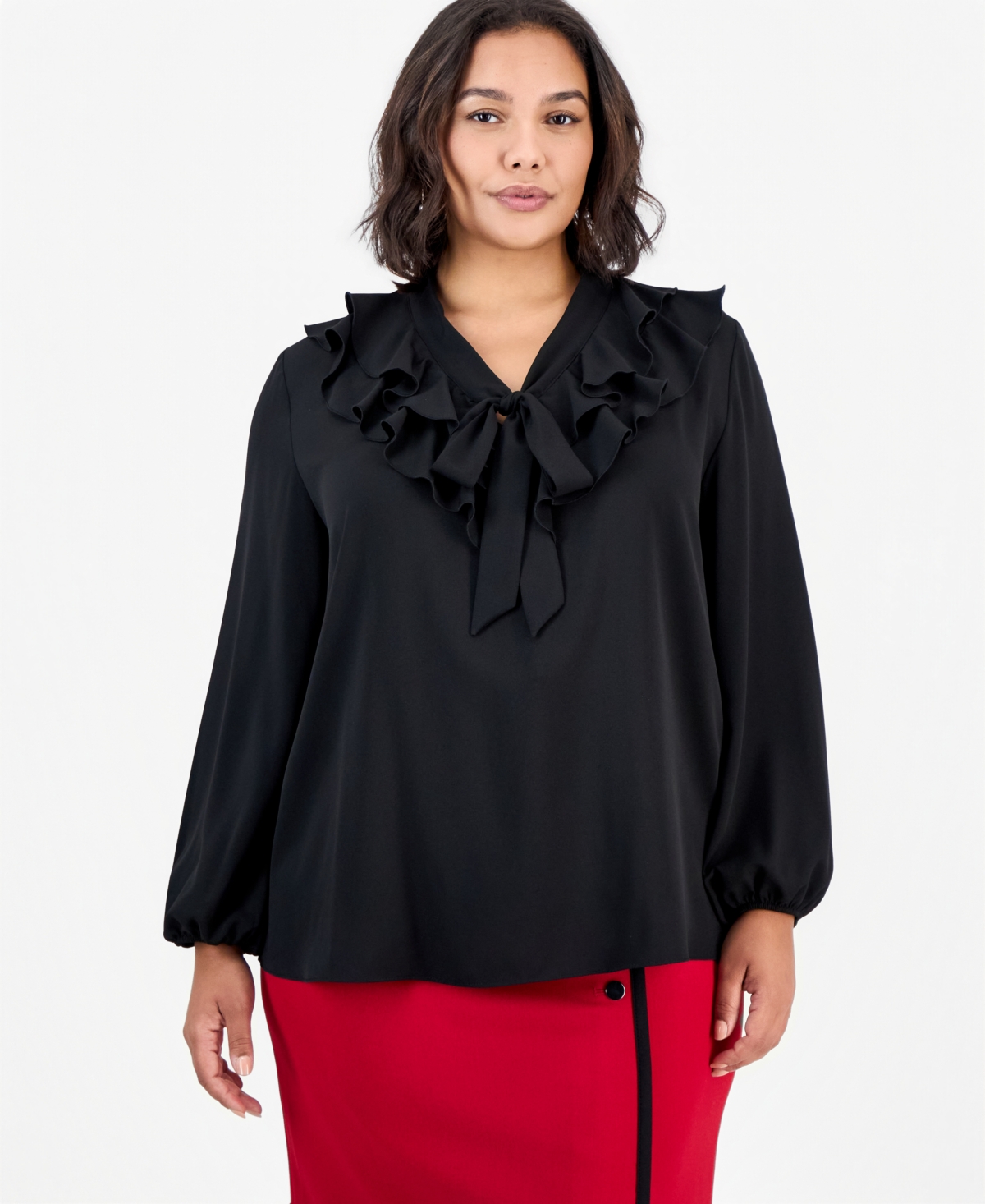 Kasper Plus Long-Sleeve Ruffle Front Blouse with Bow