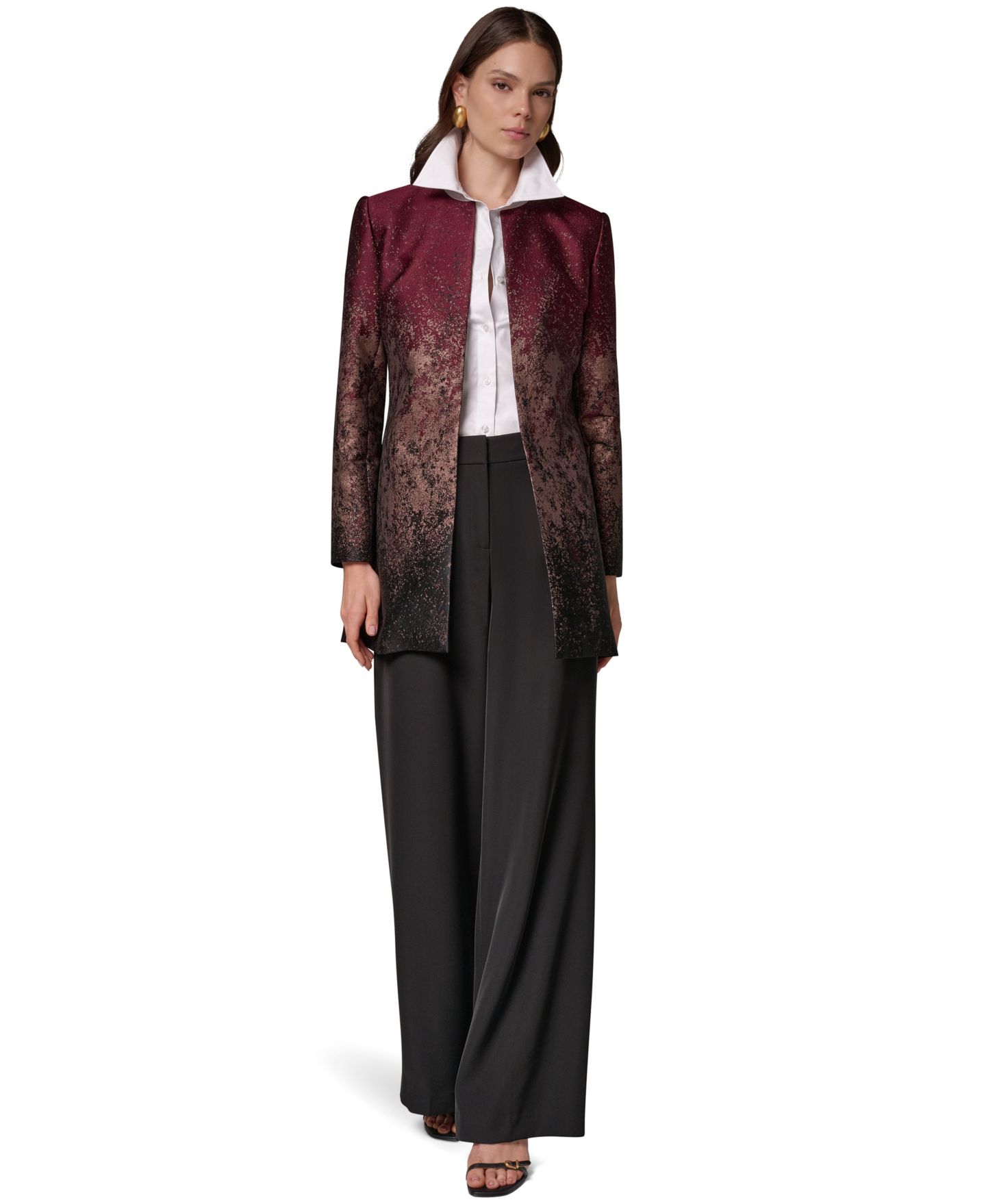 Женский пиджак Donna Karan New York Collarless Shoulder-Pad Blazer, цвет: Чёрный вишнёвый разноцветный — фото 2