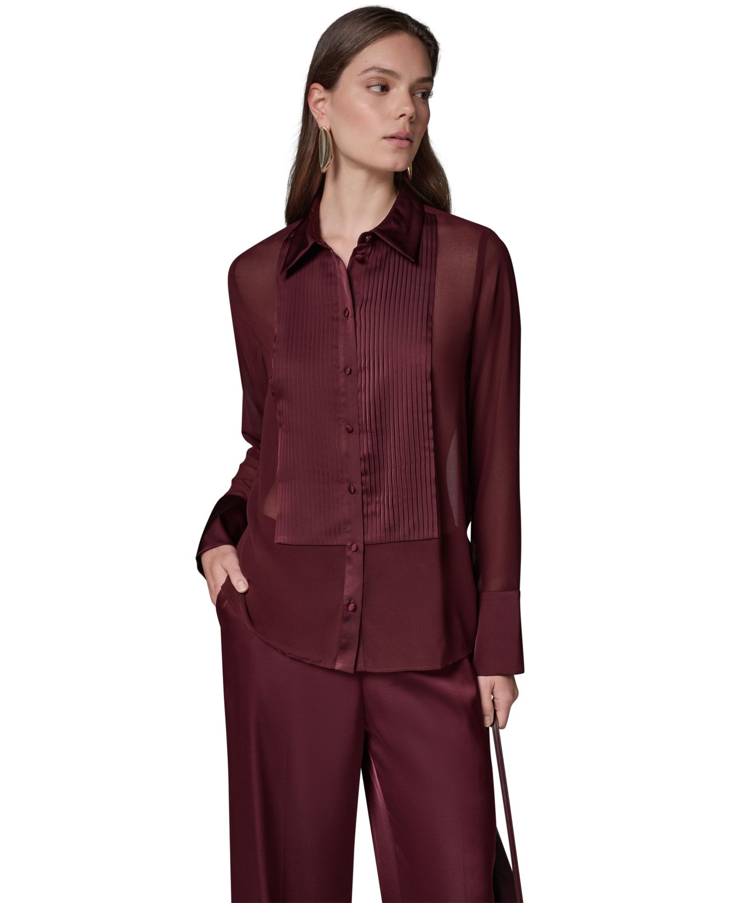 Женская блузка Donna Karan New York Long-Sleeve Sheer Blouse, цвет: Чёрный вишнёвый — фото 1