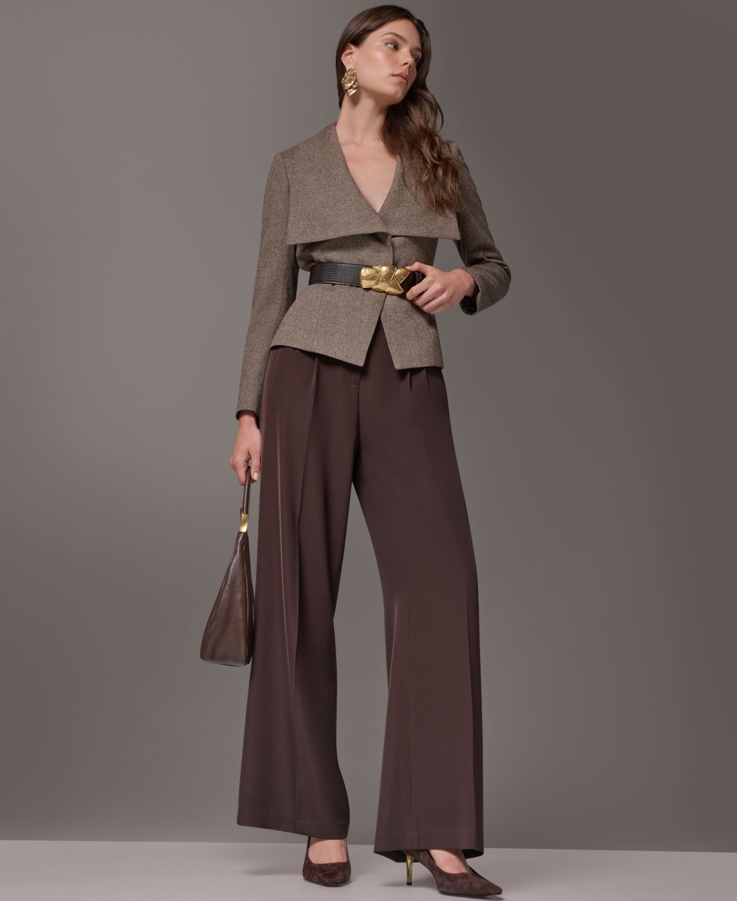 Женский пиджак Donna Karan New York Women Cropped Shoulder-Padded Belted Blazer, цвет: Тёмно-коричневый / Золотой — фото 12
