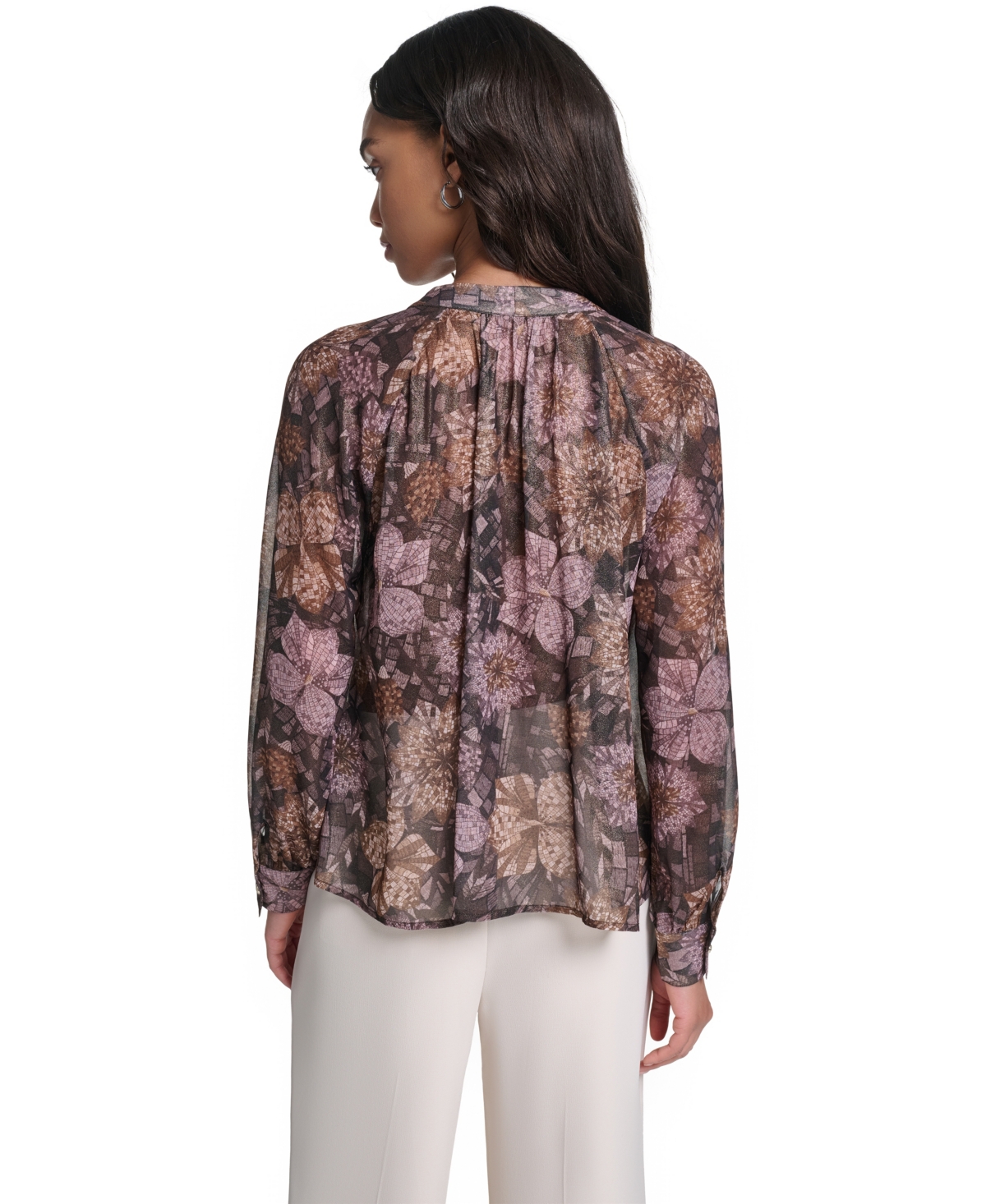 Karl Lagerfeld Paris Women's Tie Neck Sheer Floral Blouse