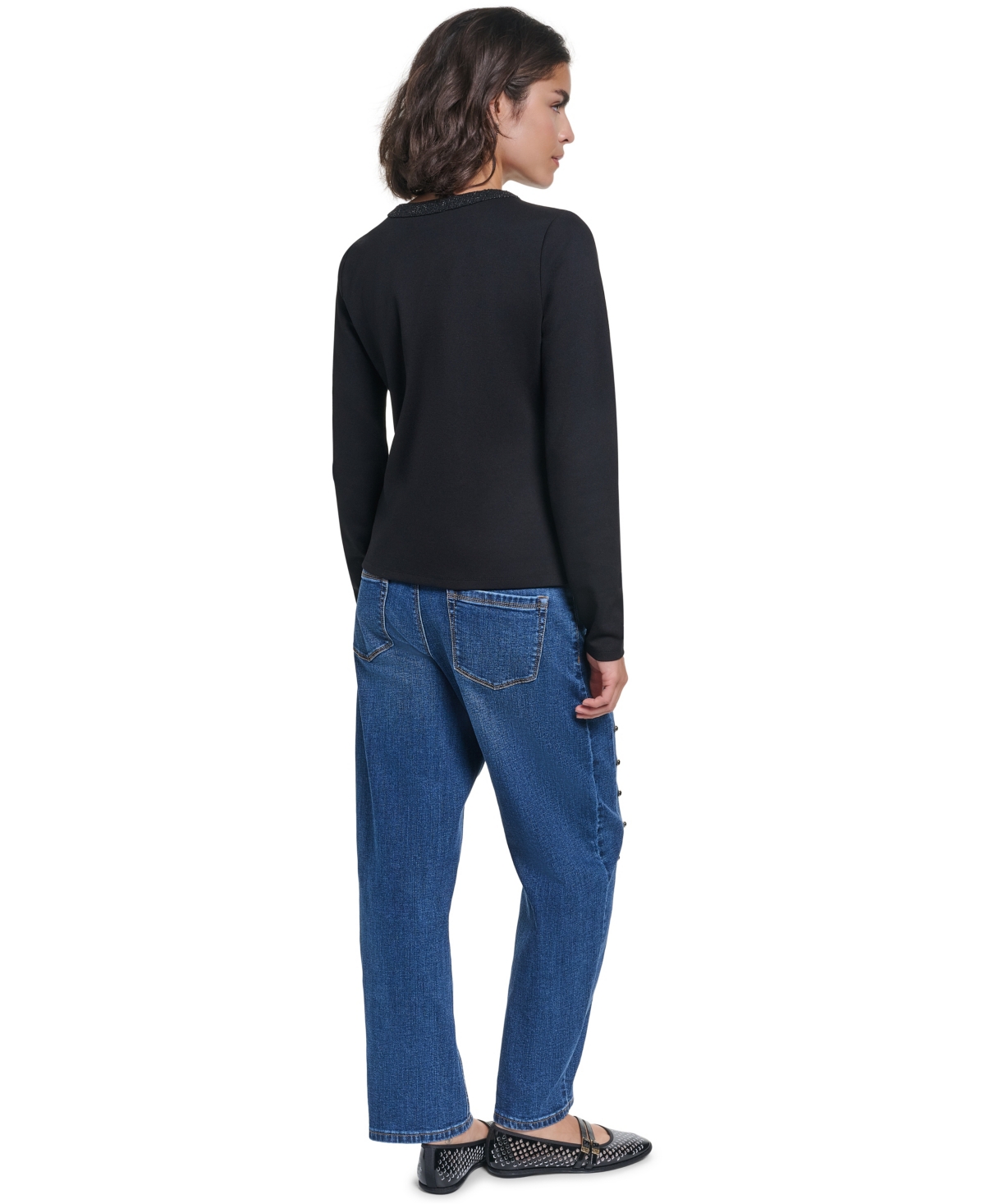 Karl Lagerfeld Paris Women's Long-Sleeve Crewneck Button-Pocket Blouse