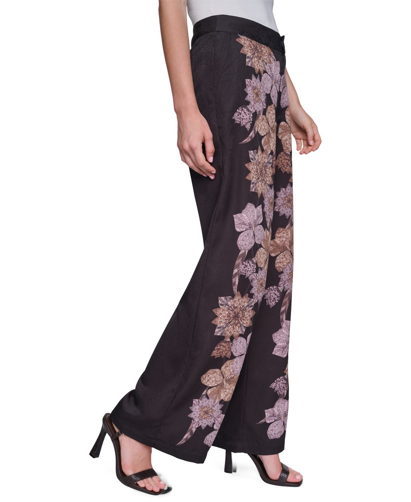 Женские брюки KARL LAGERFELD PARIS Wide-Leg High-Waisted Floral-Print, цвет: Розовато-лиловый — фото 3