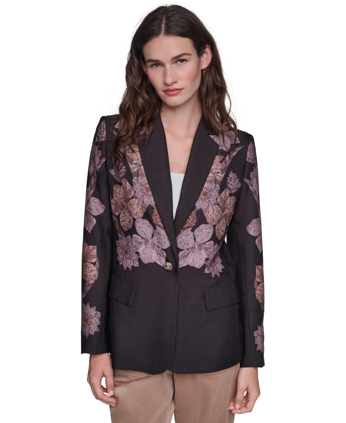 Karl Lagerfeld Paris Women's Placed-Print Long-Sleeve Short Blazer