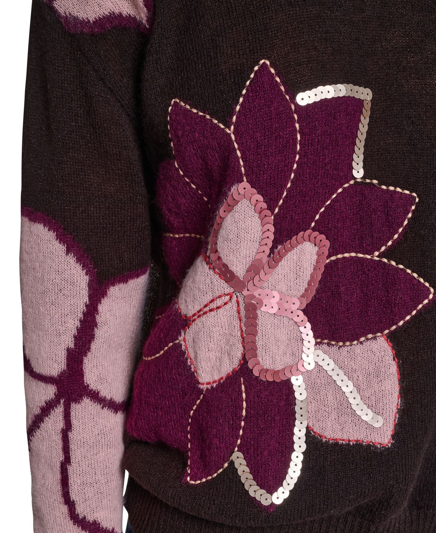 Женский свитер KARL LAGERFELD PARIS Big Flowers Floral-Print Sequin Embellished, цвет: Шоколадный — фото 7