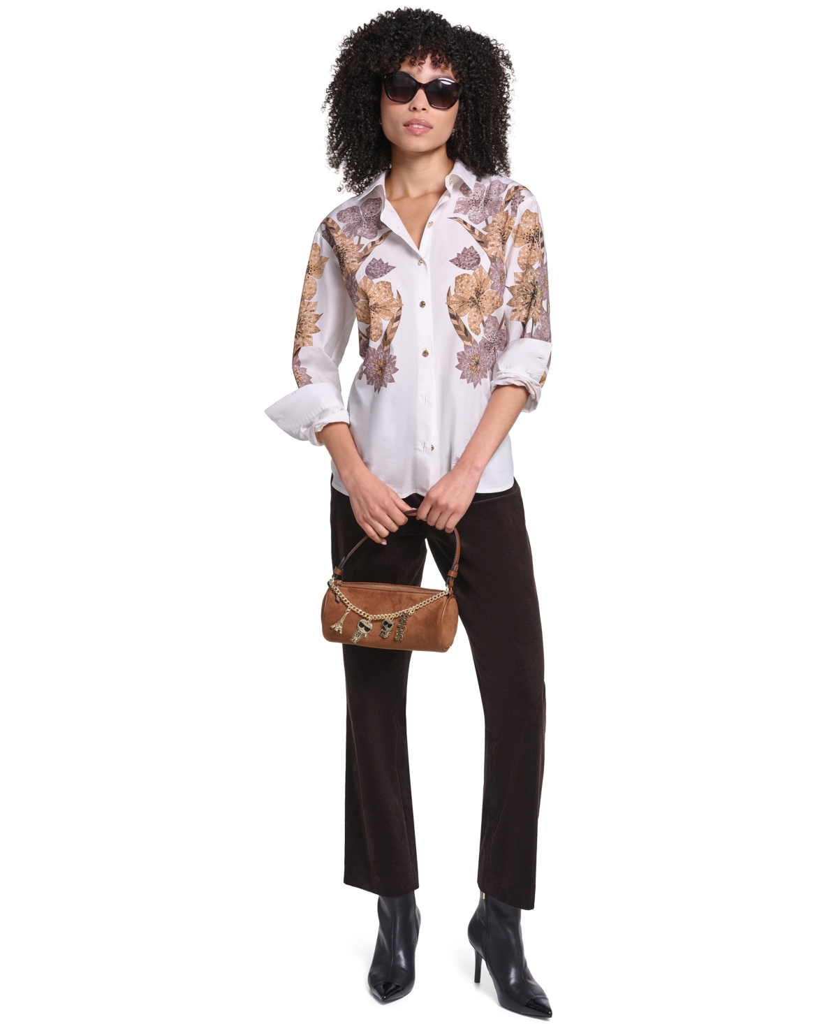 Karl Lagerfeld Paris Women's Floral-Print Long-Sleeve Hotfix Rhinestone Blouse