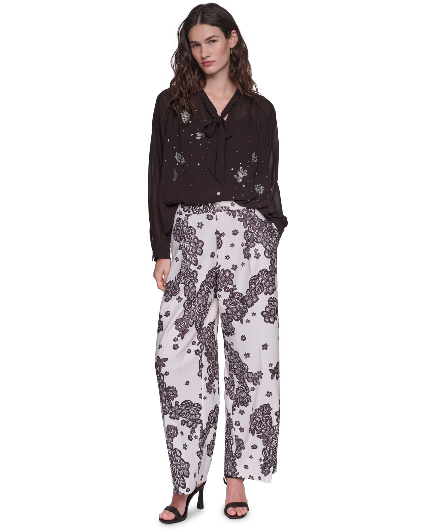 Женские брюки KARL LAGERFELD PARIS Printed Lace Wide-Leg, цвет: Берёзовый / Шоколадный — фото 6