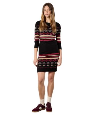 Women's Folk Ornament Crewneck 3/4 Sleeve Sweater Dress