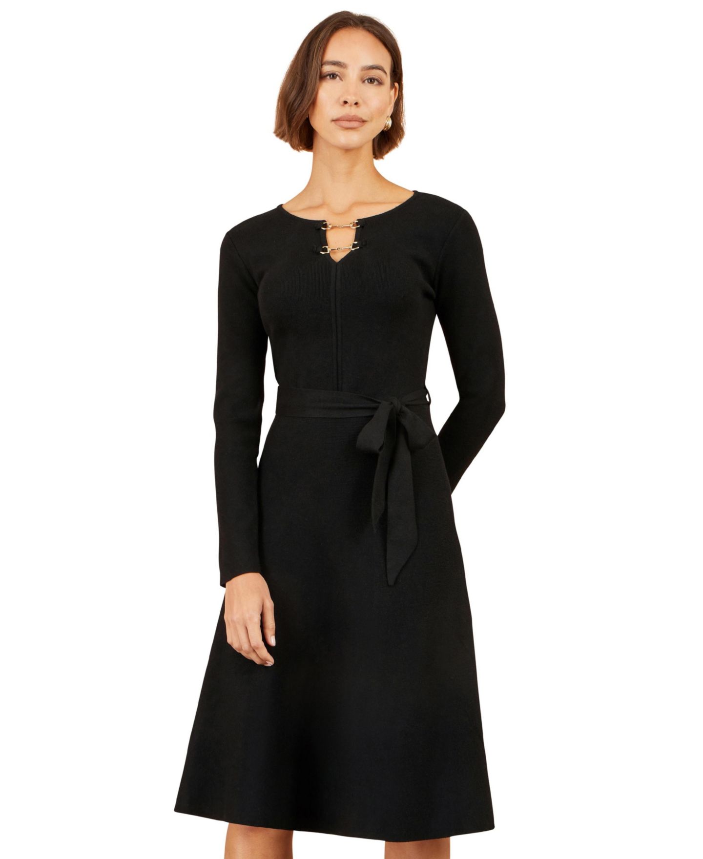 Женское платье Yumi Fit & Flare Long-Sleeve Sweater Dress, цвет: Чёрный — фото 4