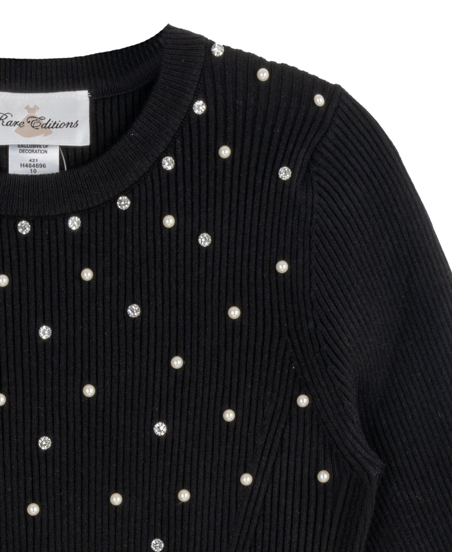 Платье Rare Editions Sweater Knit Imitation Pearl Long-Sleeve Fit-and-Flare Sweater Dress для девочек, цвет: Чёрный — фото 3