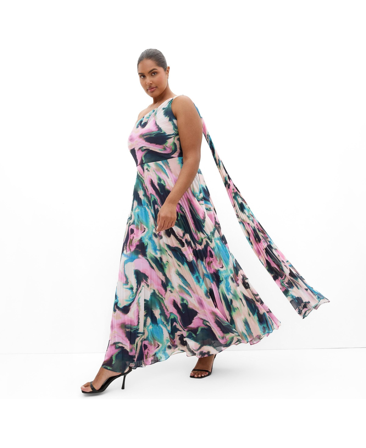 City Chic Plus Eloura One-Shoulder Rippled-Print A-Line Maxi Dress
