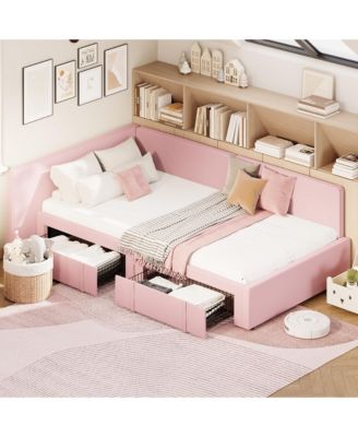 Twin Daybed with 2 Storage Drawers, Corner Bed Frame with Extended Headboard and Velvet Upholstered Sofa Bed with Guardrail for Bedroom