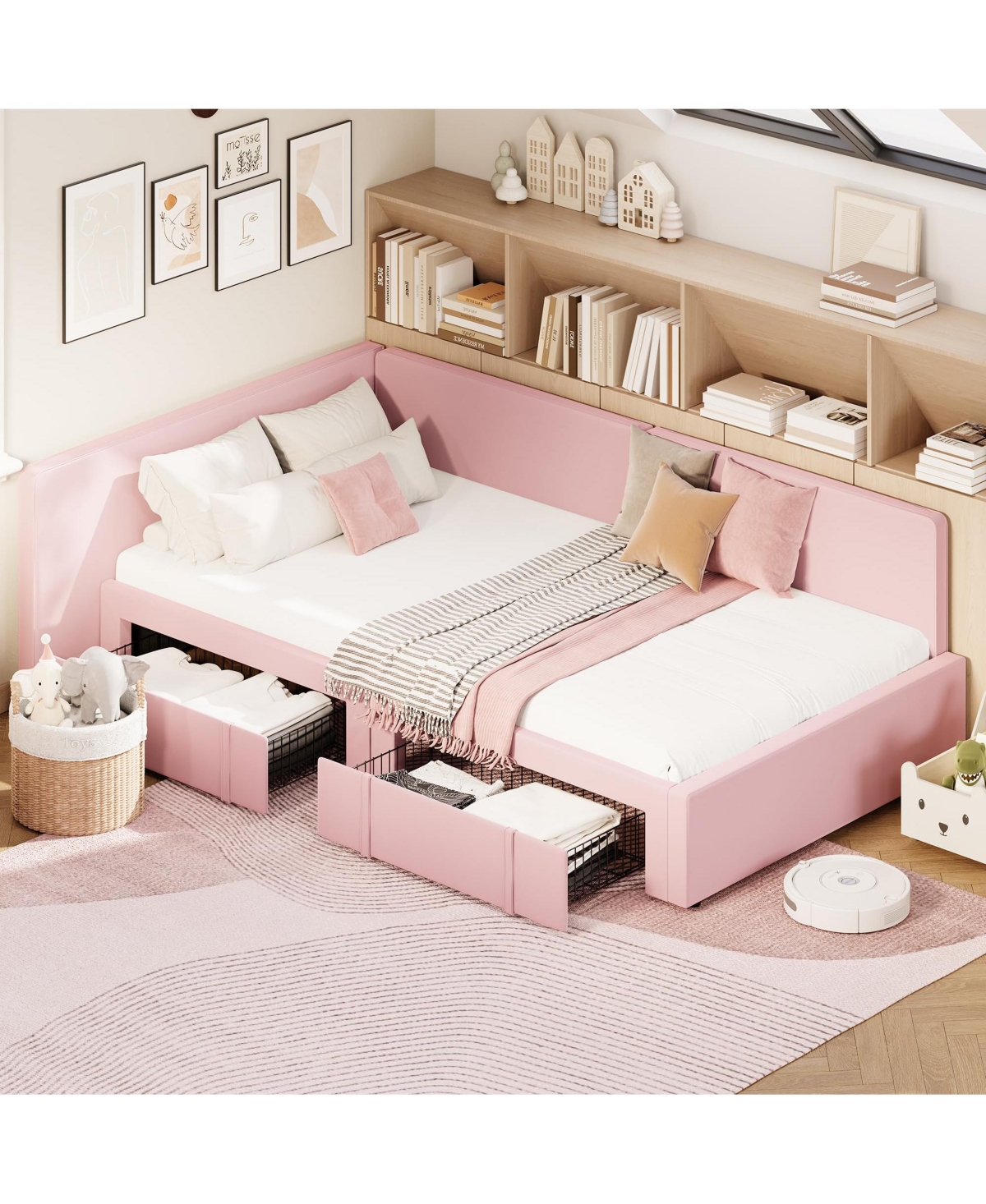 homfan Twin Daybed with 2 Storage Drawers, Corner Bed Frame Extended Headboard and Velvet Upholstered Sofa Guardrail for Bedroom