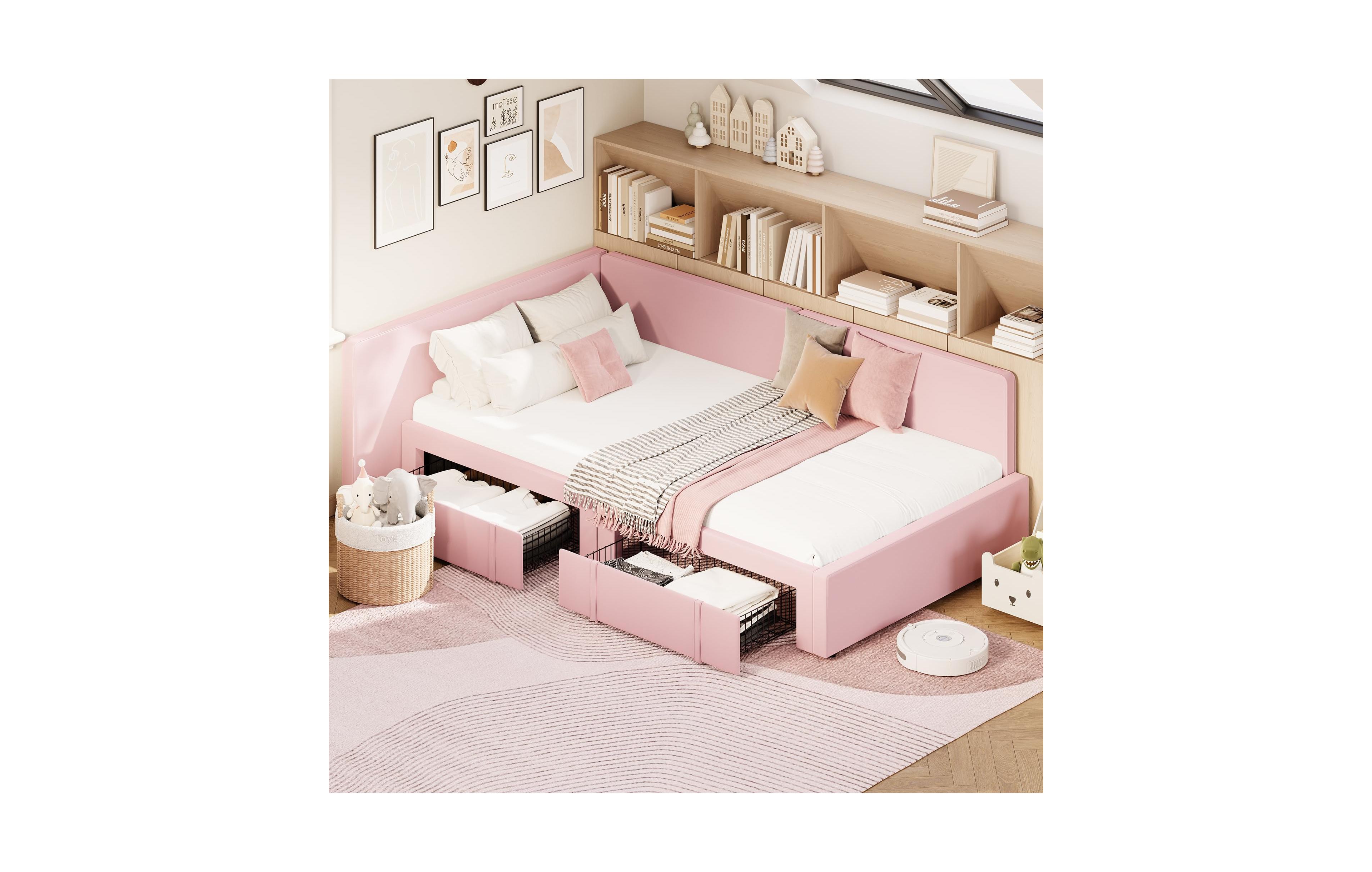 homfan Twin Daybed with 2 Storage Drawers, Corner Bed Frame Extended Headboard and Velvet Upholstered Sofa Guardrail for Bedroom