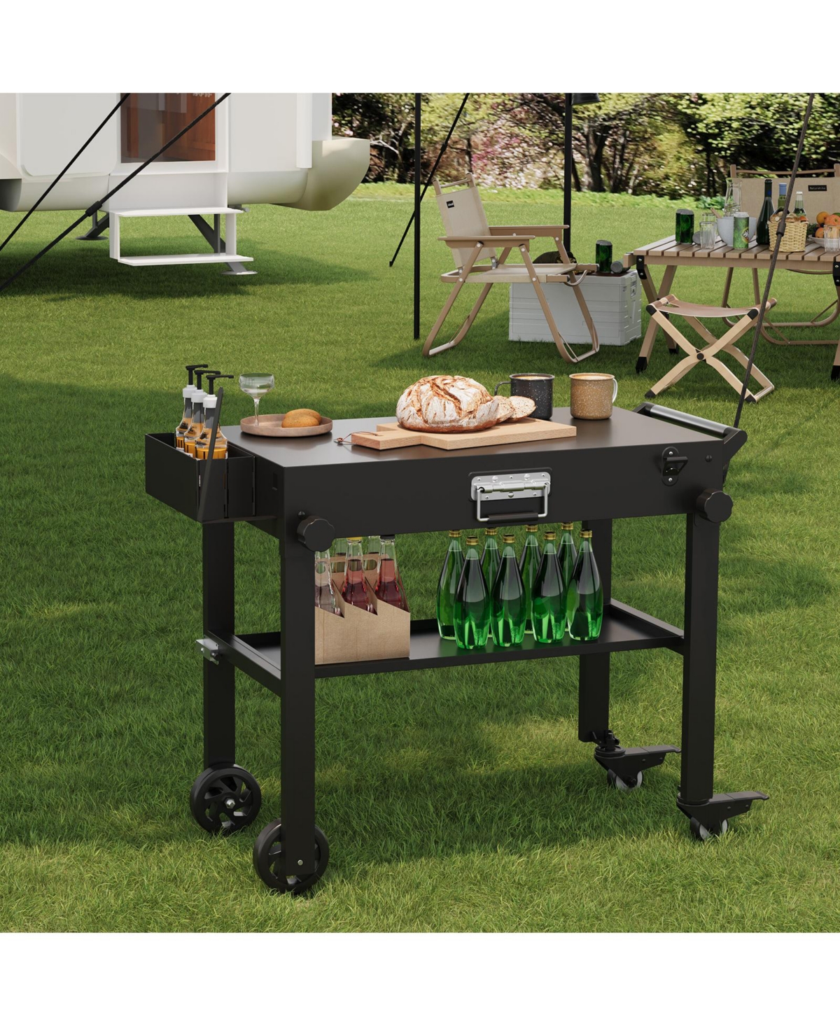 homfan Heavy Duty Portable Grill Cart, Folding Bbq Trolley with Locking Wheels, Stainless Steel Top Fits 17"and 22" Griddles for Camping Rv Catering