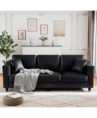 85"W 3-Seater PU Faux Leather Sofa Couch with 2 Throw Pillows, Wood Legs, Deep Seats, Back Cushion, Sturdy Feet, Sofa Couches for Living Room