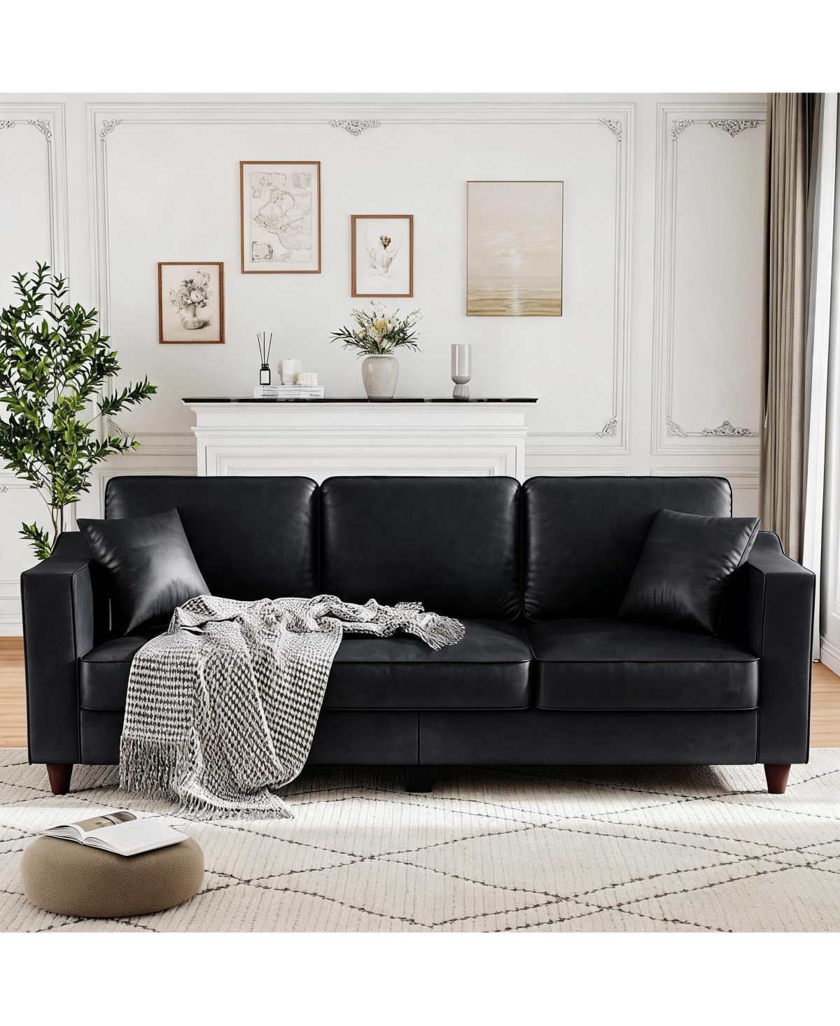 homfan 85"W 3-Seater Pu Faux Leather Sofa Couch with 2 Throw Pillows, Wood Legs, Deep Seats, Back Cushion, Sturdy Feet, Sofa Couches for Living Room
