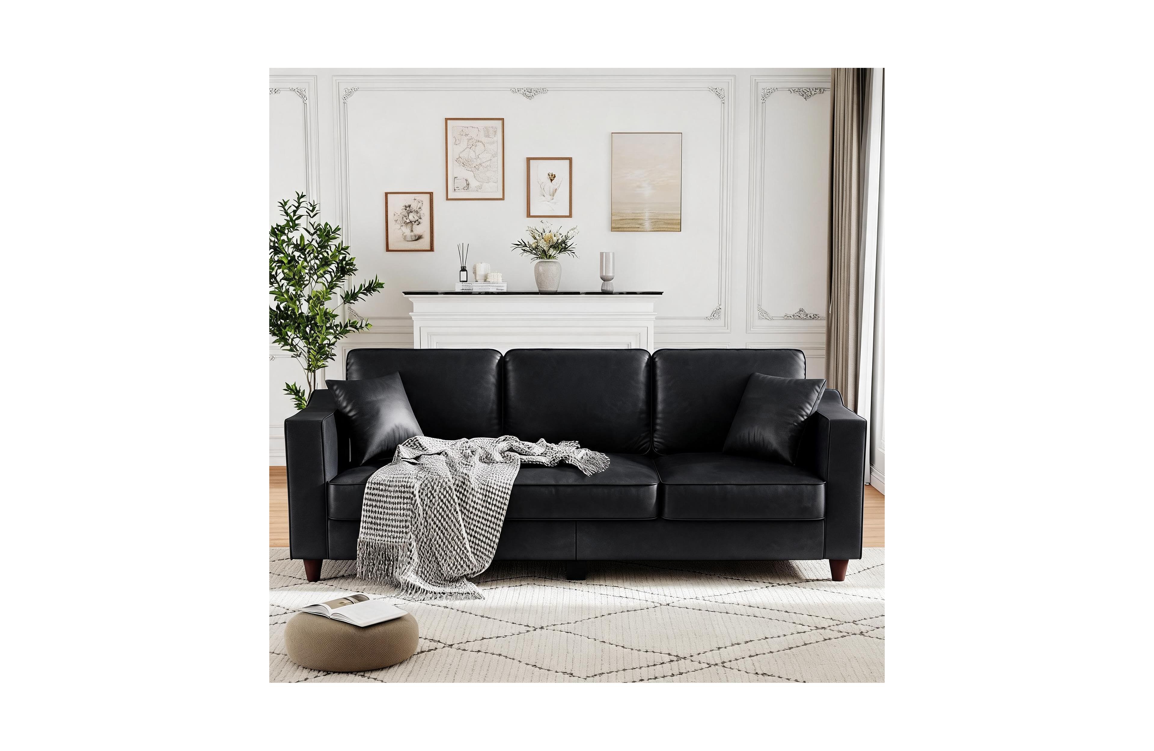 homfan 85"W 3-Seater Pu Faux Leather Sofa Couch with 2 Throw Pillows, Wood Legs, Deep Seats, Back Cushion, Sturdy Feet, Sofa Couches for Living Room