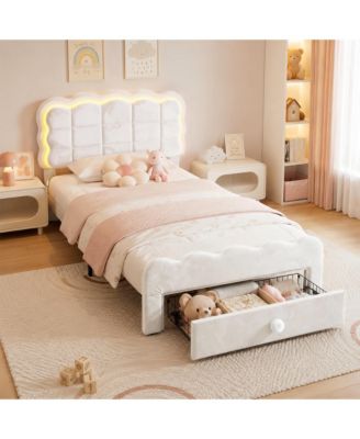 Twin Size Bed Frame with LED Lights and Storage Drawer, Adjustable Wavy Headboard, Upholstered Platform Bed, Wood Slats Support, No Box Spring