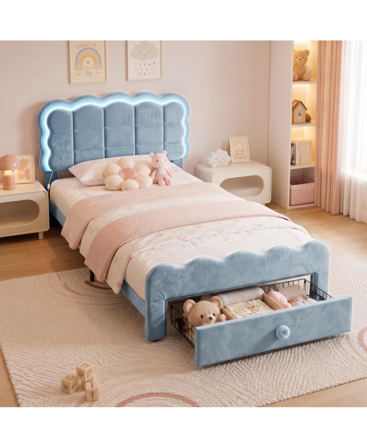 homfan Twin Bed Frame with Led Lights and Storage Drawer, Adjustable Wavy Headboard, Upholstered Platform Bed, Wood Slats Support, No Box Spring