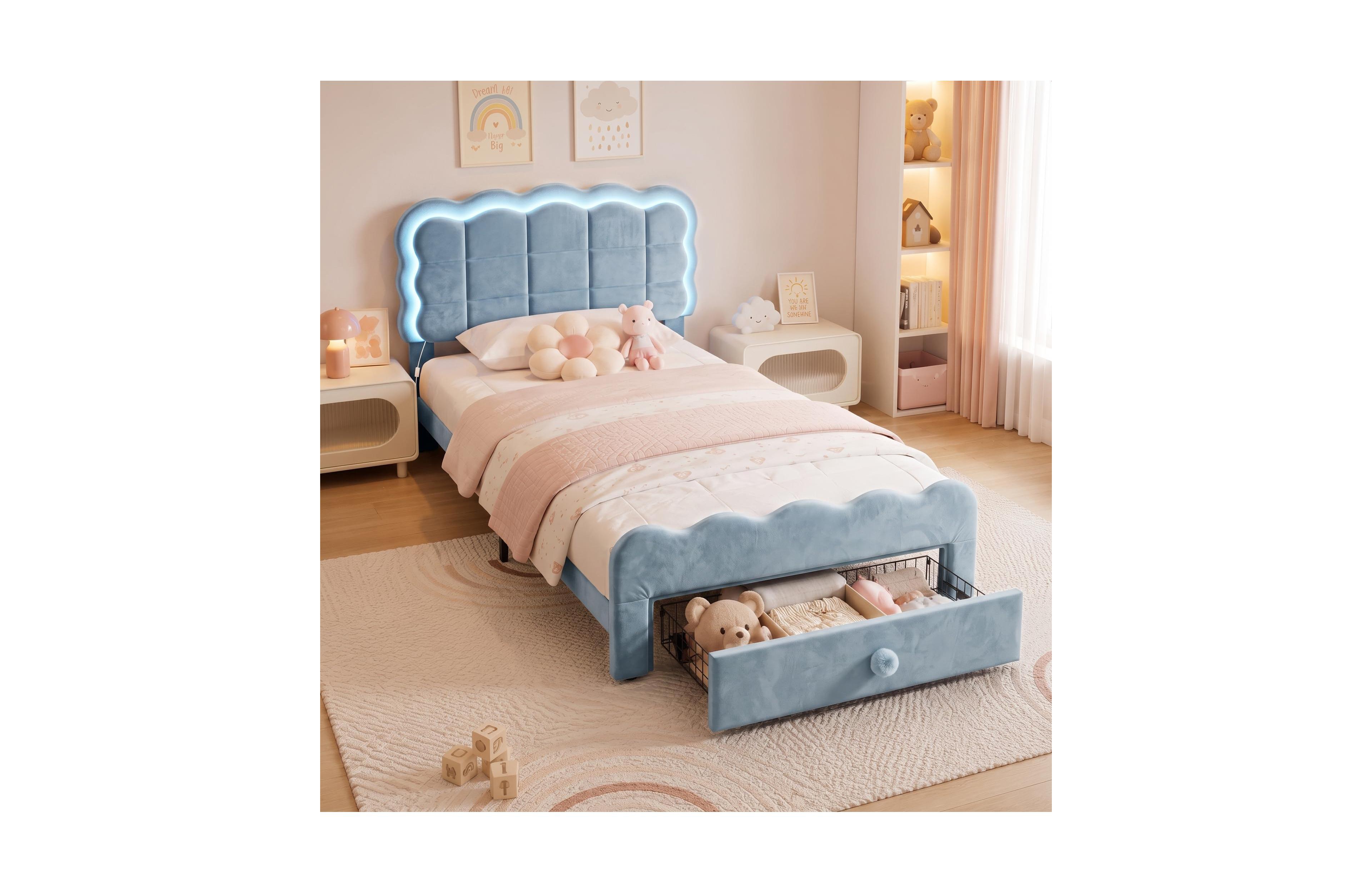 homfan Twin Bed Frame with Led Lights and Storage Drawer, Adjustable Wavy Headboard, Upholstered Platform Bed, Wood Slats Support, No Box Spring