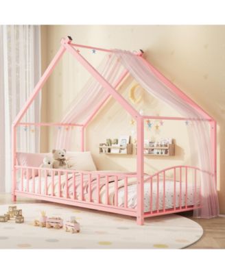 Montessori Metal House Floor Bed Frame with Rail, Low Floor Bed with Roof, Toddler Bed, Safety, No Box Spring Needed, Easy Assembly