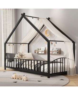 Montessori Metal House Floor Bed Frame with Rail, Low Floor Bed with Roof, Toddler Bed, Safety, No Box Spring Needed, Easy Assembly