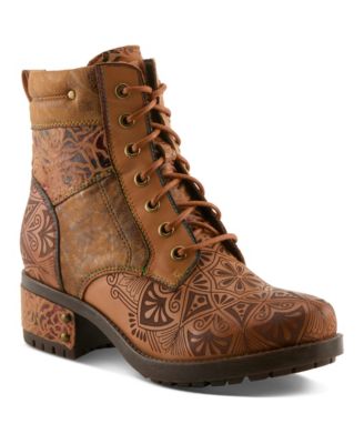Women's Lace-up Boots with Embossed Leather and Comfortable Heel