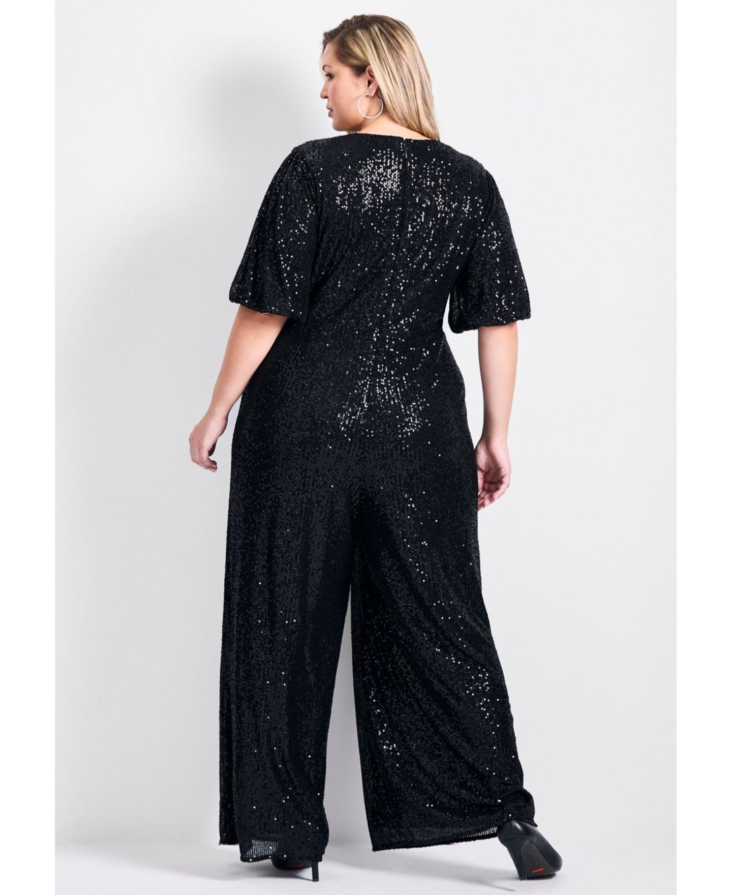 Женский комбинезон AVENUE Plus Size Nada Sequin Puff Sleeve Jumpsuit, цвет: Чёрный — фото 4