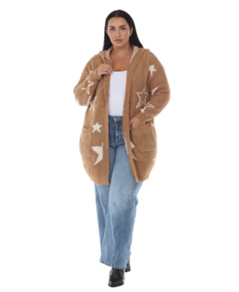 Женский кардиган White Mark Plus Size Hooded Star-Print Sherpa Cardigan, цвет: Верблюжий