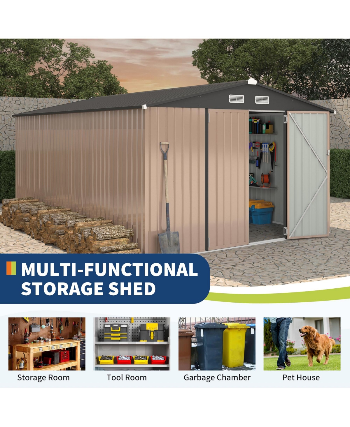 10 x 14 Ft Outdoor Storage Shed, Heavy Duty Steel Garden Tool Shed with Lockable Doors and Vents, for Backyard Patio Lawn, Grey/Brown