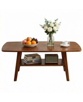 Solid Oak Wood Coffee Table, 2-Tier Rectangle Center Table with Rounded Corners and Storage Shelf for Living Room, Office