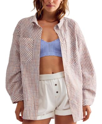 Women's Cross My Heart Gingham Long-Sleeve Relaxed-Fit Sleep Shirt