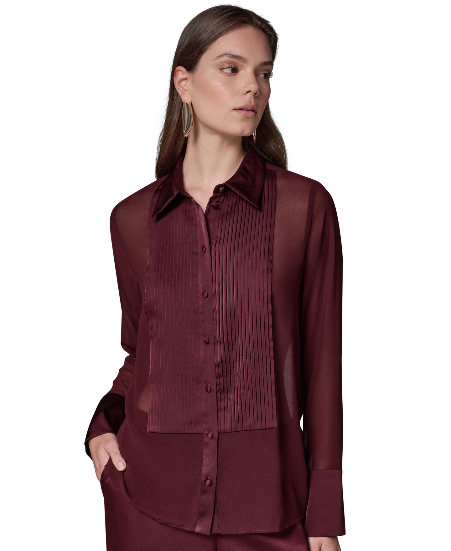 Женская блузка Donna Karan New York Long-Sleeve Sheer Blouse, цвет: Чёрный вишнёвый — фото 9