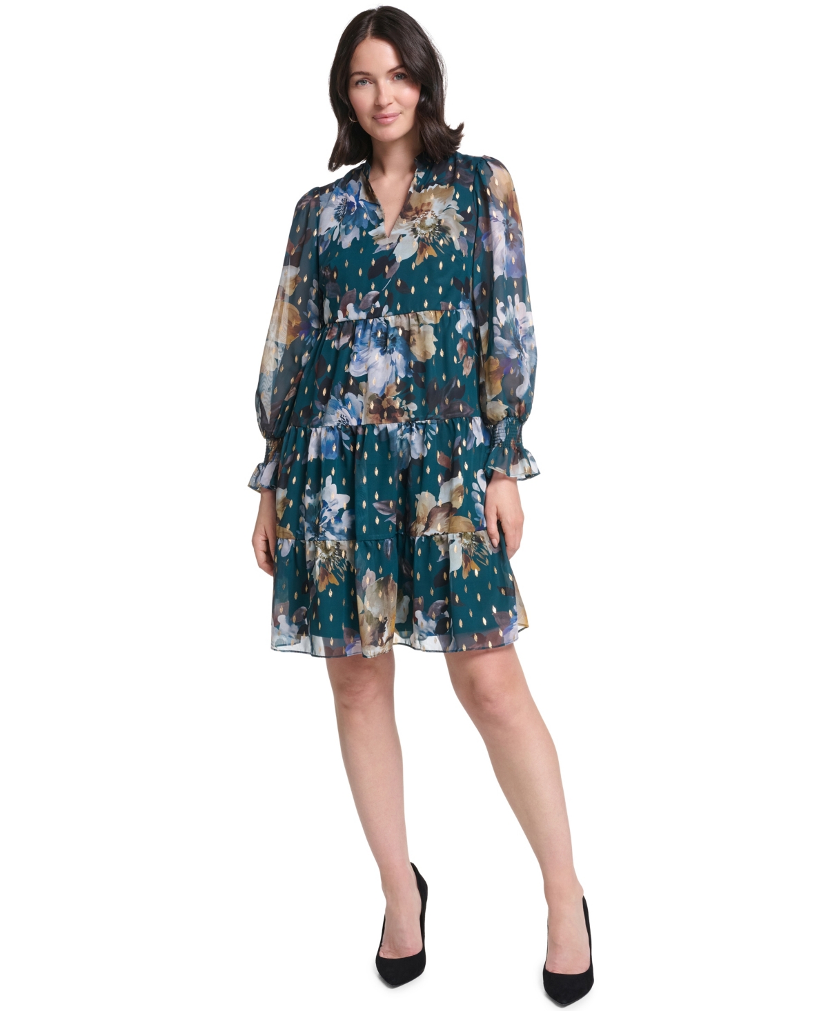 Jessica Howard Women's Long-Sleeve Puff-Sleeve Tiered Baby Doll Dress